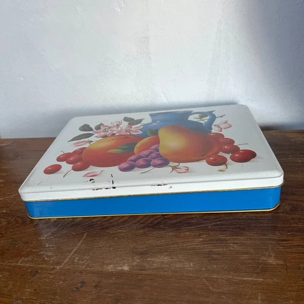 VTG Retro Fruit & Floral Metal Storage Tin England Cottage Kitchen Farmhouse Box